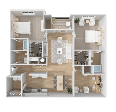 A detailed 3D floor plan of a house showing all rooms and furniture layout.